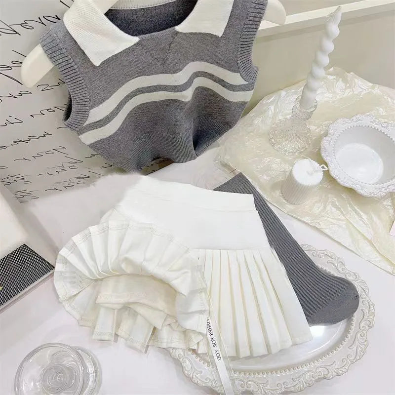 Summer Ins Baby Girls 2PCS Clothes Set Knitted Thin Sleeveless Polo Tank Top Pleated Solid Skirts Suit Kids Girls Outfits - Clikcy