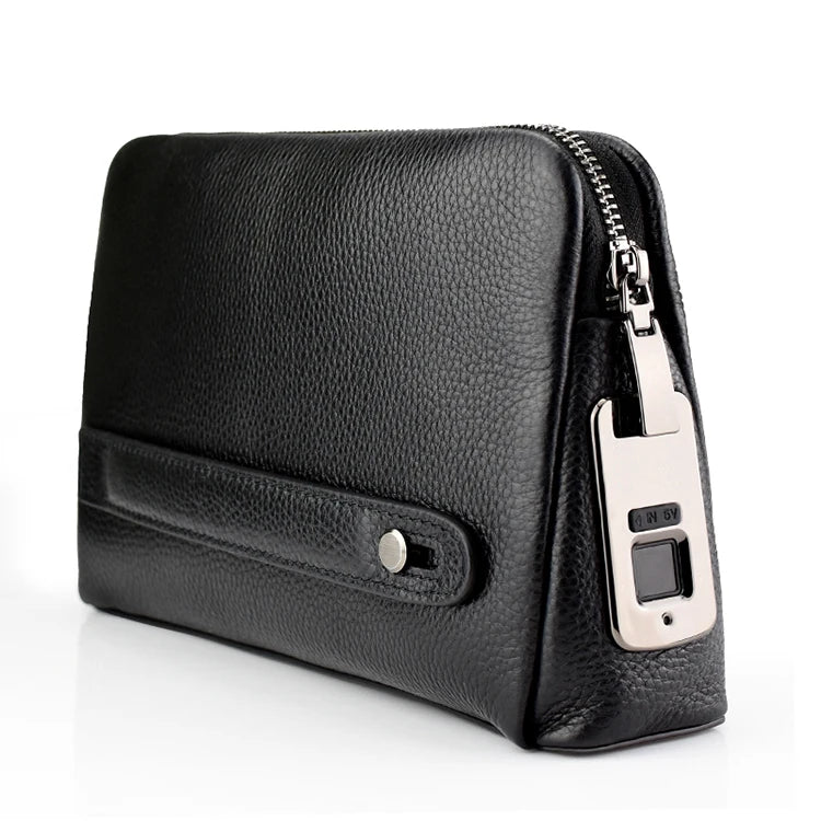 Men's Fingerprint Lock Bags for men Leather Hand Bag Male Long Money Wallets Mobile Phone Pouch Men Messenger Bag Anti-Theft - Clikcy