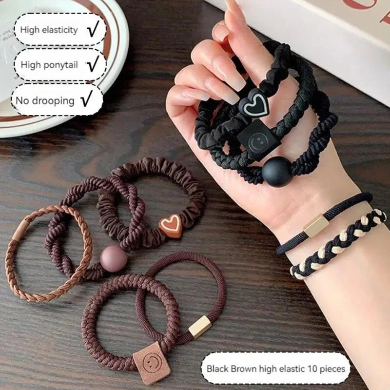 10PCS Women's Hair Ring Set Hair Accessories High Elasticity Leather Band Simple Temperament High Ponytail Durability New Style - Clikcy
