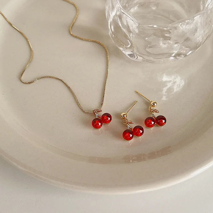 Wine Red Cherry Gold Colour Pendant Necklace Earrings set For Women Personality Fashion Necklace Wedding Jewelry Birthday Gifts - Clikcy