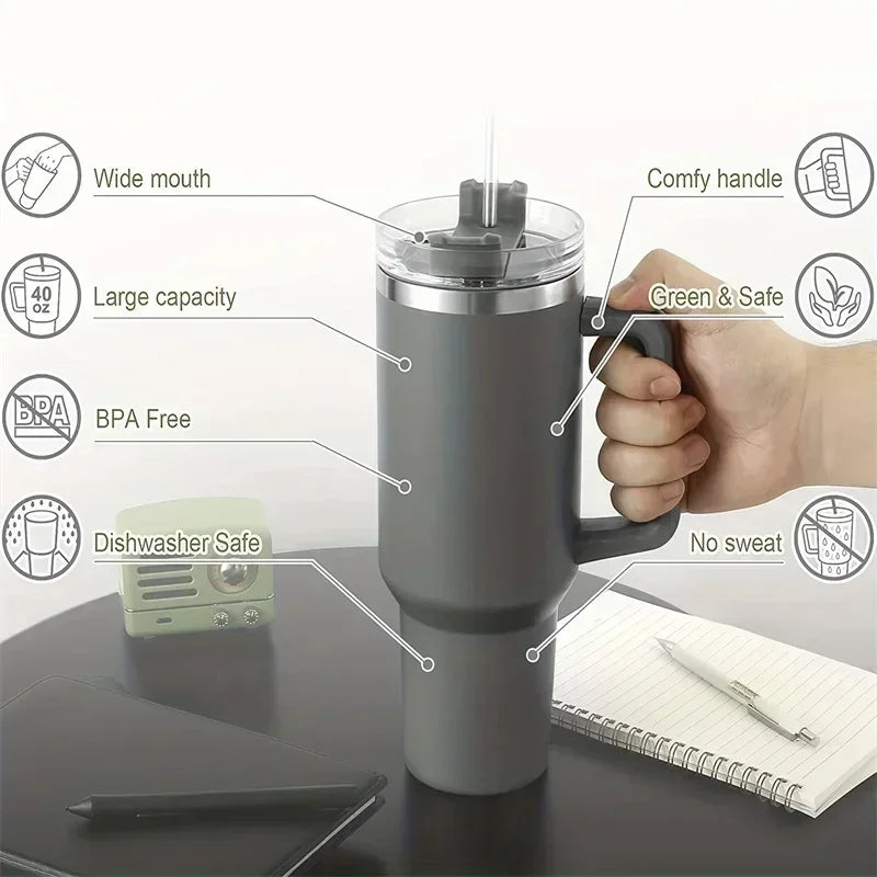 40oz 304 Stainless Steel Insulated Water Bottle,Thermal Coffee Car Cup, Cold Hot Mugs Vacuum Flask With Handle Straw,For Sport - Clikcy