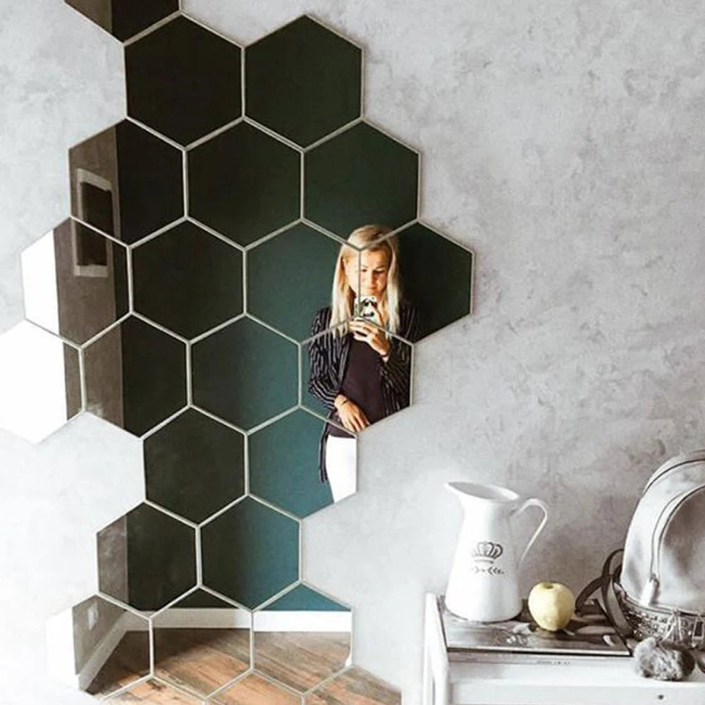 6/12pcs 3D Hexagon Mirror Wall Sticker Rose Gold DIY TV Background Living Room Stickers Wall Decor Bedroom Bathroom Home Decor - Clikcy