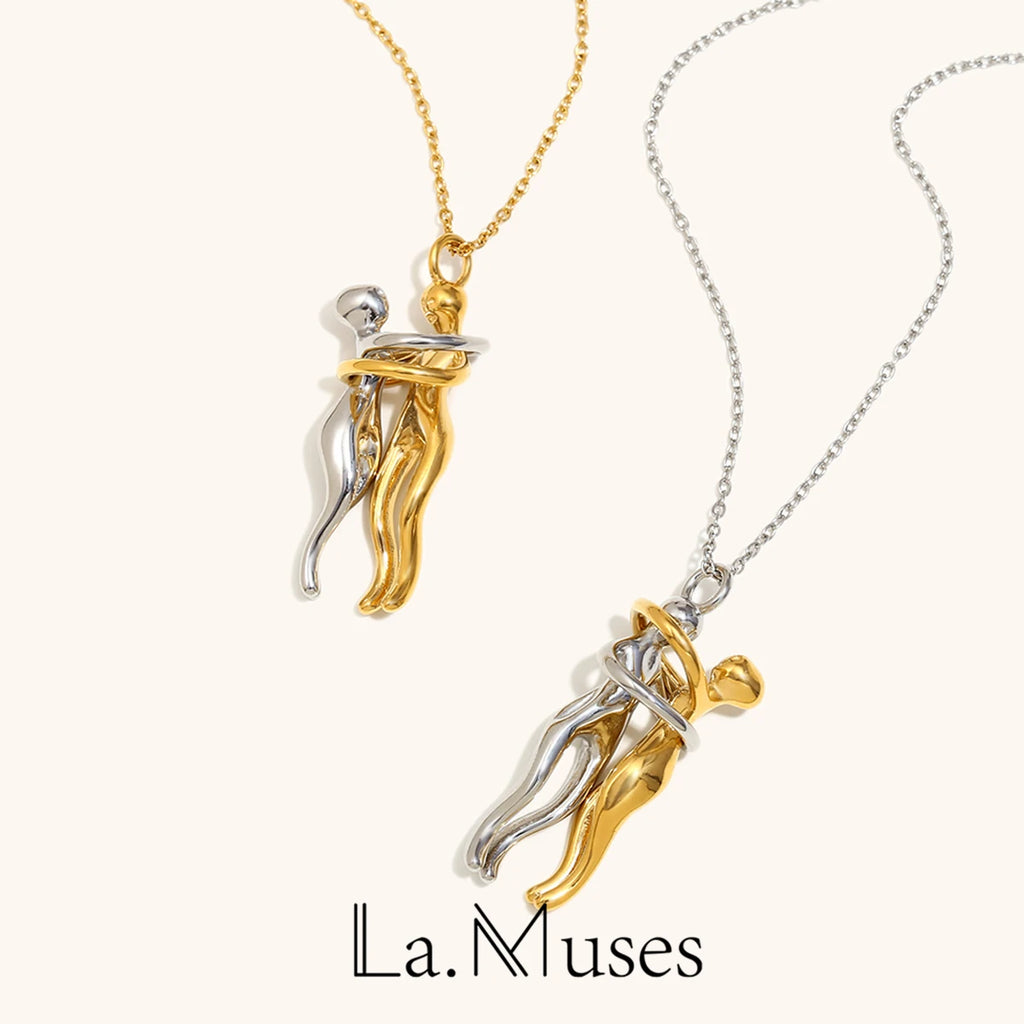La. Muses Mixed Color Couple Hug Pendant Stainless Steel Women's Necklace Romantic Fashion Jewelry Commemorative Gifts - Clikcy