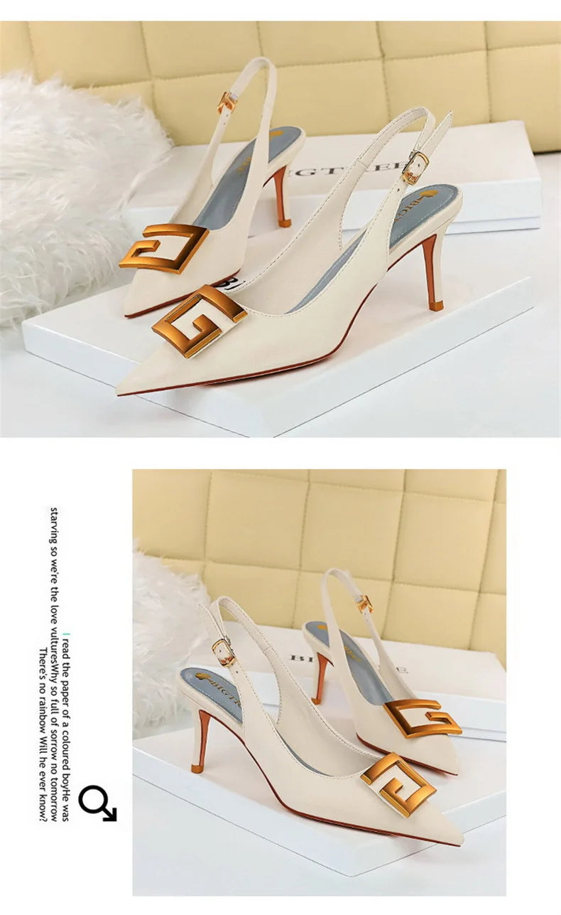 Metal Square Buckle Thin Heel Party Shoes Black Green White Woman Pointed Toe Hollow Back Strap Pumps Middle Heel Sandals - Clikcy