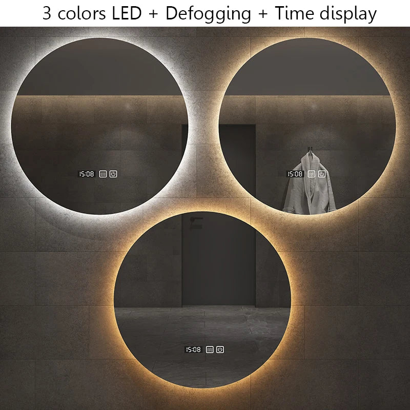 40/50/60CM Round Smart Hotel Bedroom Defogging Decorative Mirror LED Bathroom Mirror 3 Color Adjustable Backlight With - Clikcy