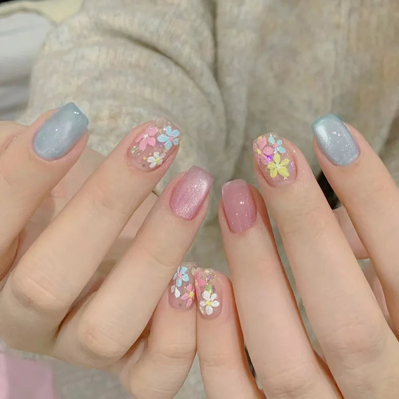 24pcs/set Medium long fake nails yellow dragon flowers feather design for Spring summer Square almond tips press on false nail - Clikcy