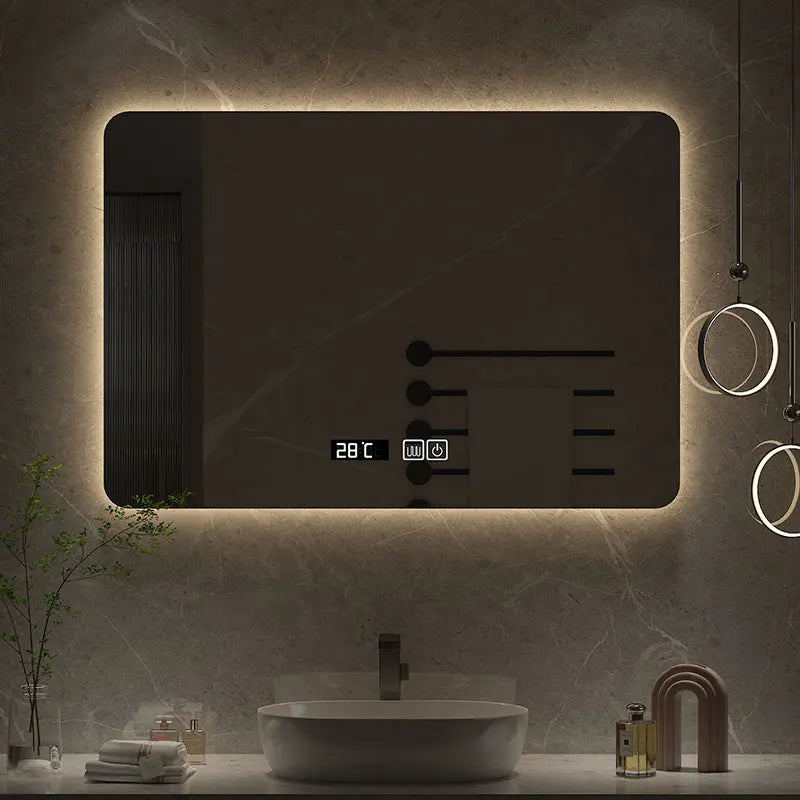 60x80CM Square Smart Hotel Bedroom Defogging Decorative Mirror LED Bathroom Mirror 3 Color Adjustable Backlight - Clikcy