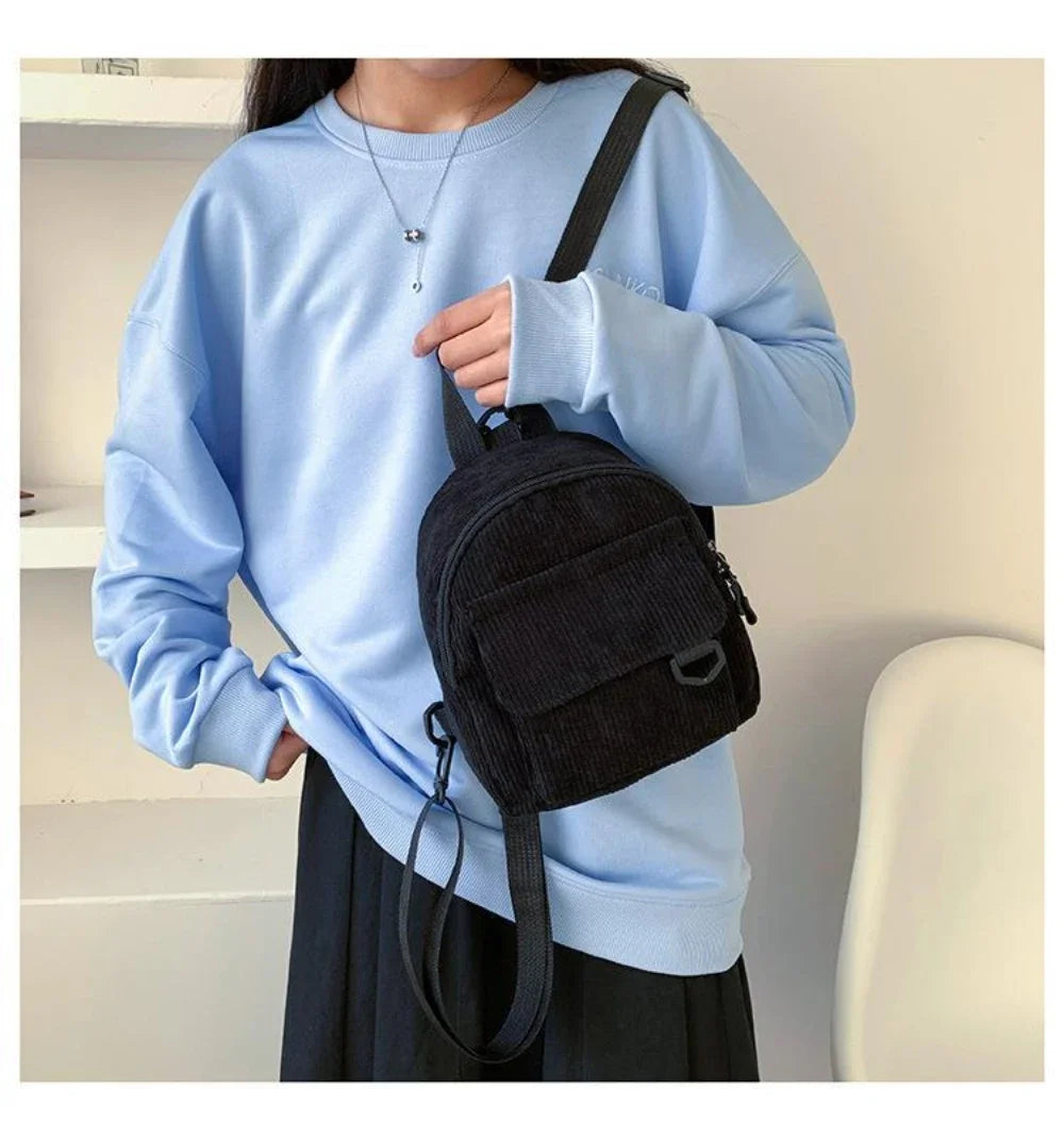 Women's Mini Backpack Fashion Solid Color Corduroy Small Simple Casual Traveling Large Capacity Durable Female's Schoolbag - Clikcy