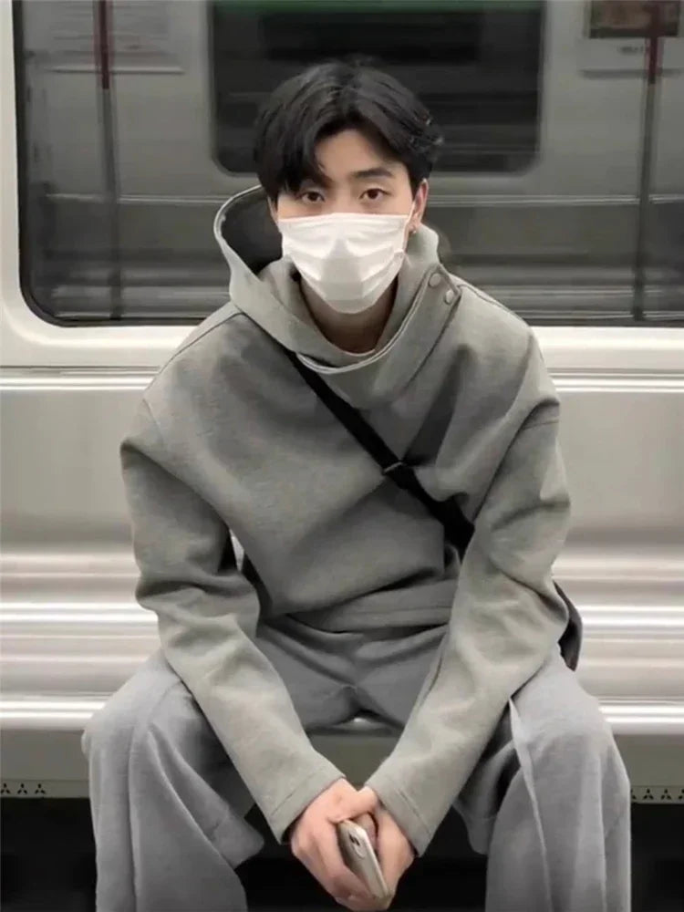 Autumn Y2K Vintage Turtleneck Design Hooded Sweatshirts Men's Solid Color Pullover Hoodies New High Street Fashion Tracksuit - Clikcy