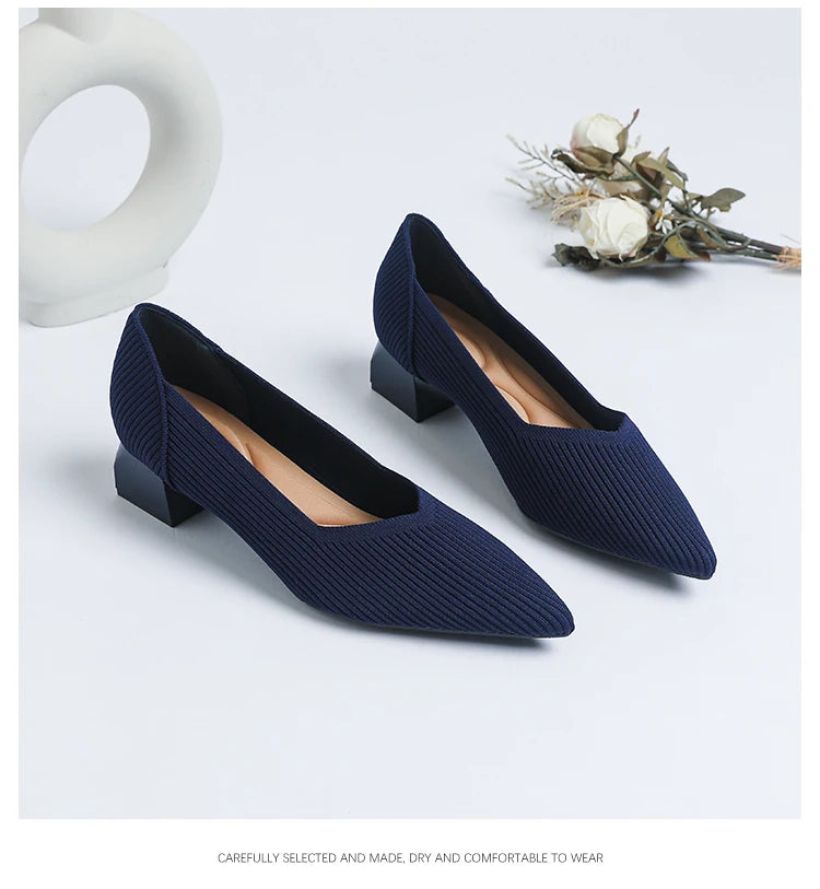 Women's large high-heeled shoes Multicolor pointy knit breathable comfortable anti-skid rubber sole work shoes 2023 new autumn