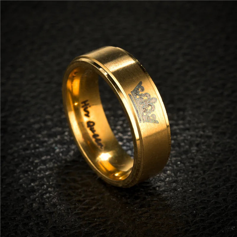 Gold Colour King Queen Crown Stainless Steel Couple Rings for Lovers Promise Men Women Valentine's Day Gifts - Clikcy