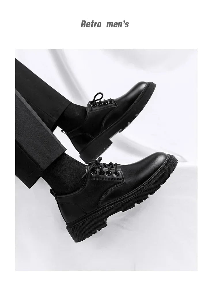 Casual Men's Pure Black Lace-up Height-increasing Business-style Low-heeled, Comfortable and Durable Small Leather Shoes