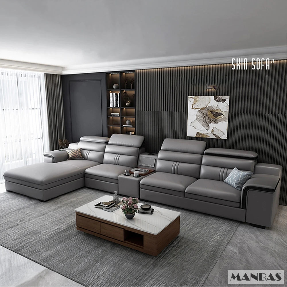 MINGDIBAO Leather Sectional Sofa Set with Cup Holder, USB, Adjustable Headrests & Bluetooth Speaker Living Room Couch with Stool - Clikcy