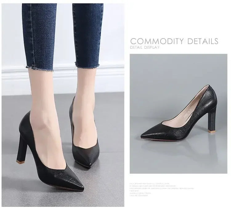 Women's Fashion High Heels 2025 New Style Versatile Thick Heel Pointed Toe Low Cut Shoes Comfortable PU Leather Casual Shoes - Clikcy