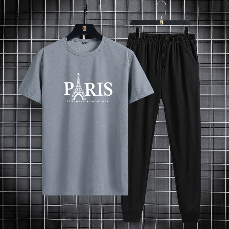 Summer new men's round neck quick drying casual sports fitness breathable short sleeved+shorts set two-piece set - Clikcy