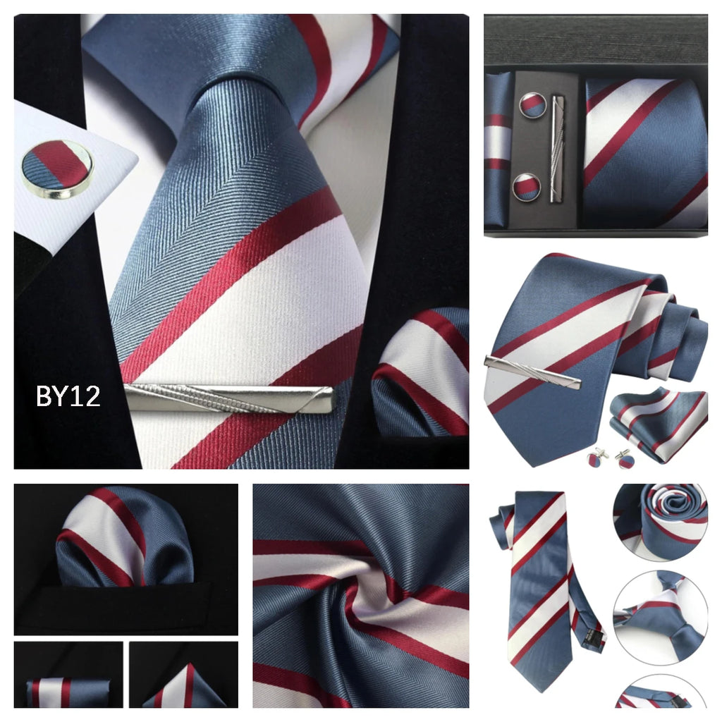 Classic 100% Silk Men's Ties In Gift box 8cm Plaid Dot Striped Business Necktie Handkerchief Cufflinks Wedding Party Tie Set