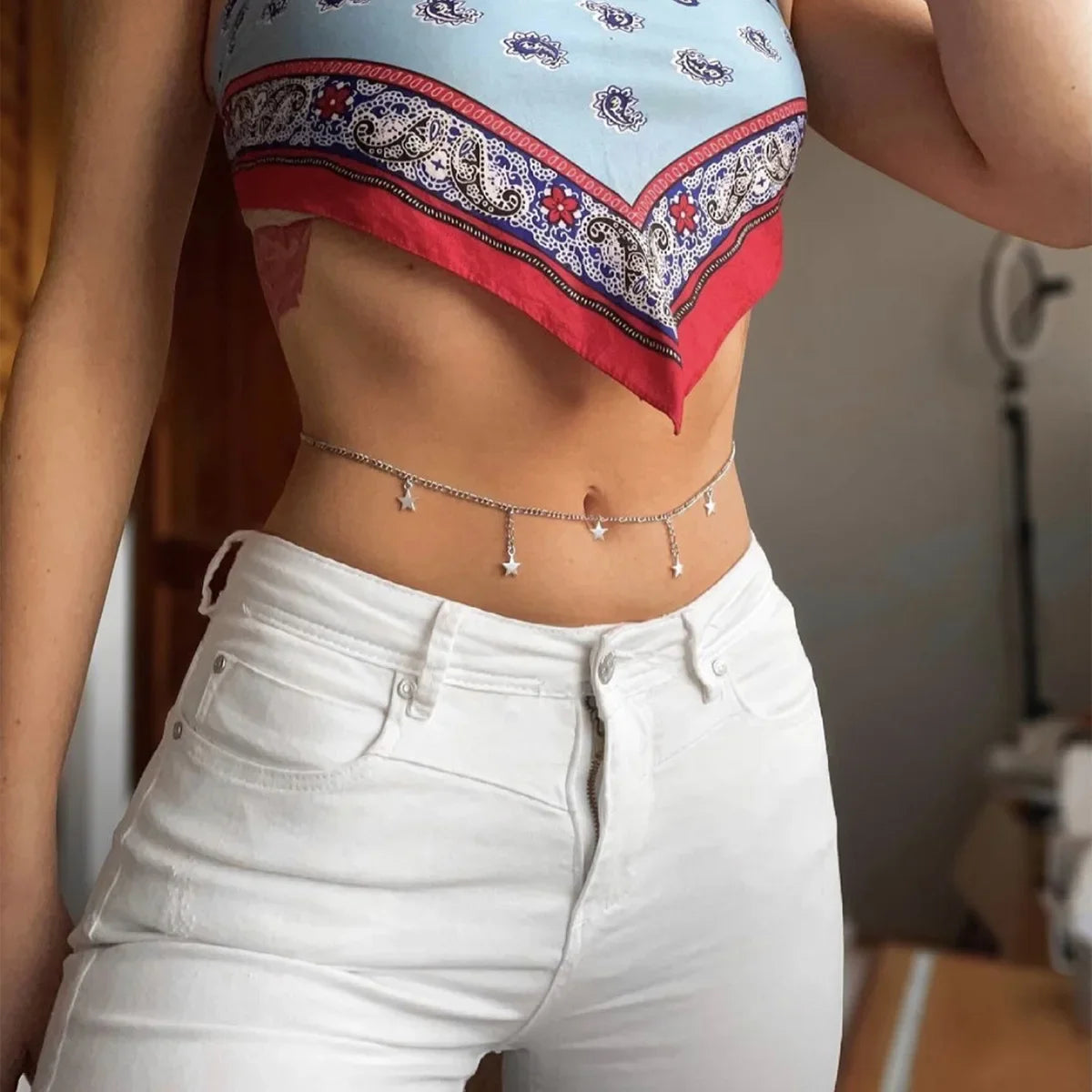 Minimalist Tassel Sequin Double Layer Chain Casual Pants Chain Hip-hop Body Chain Fashionable Retro Turquoise Waist Chain - Clikcy