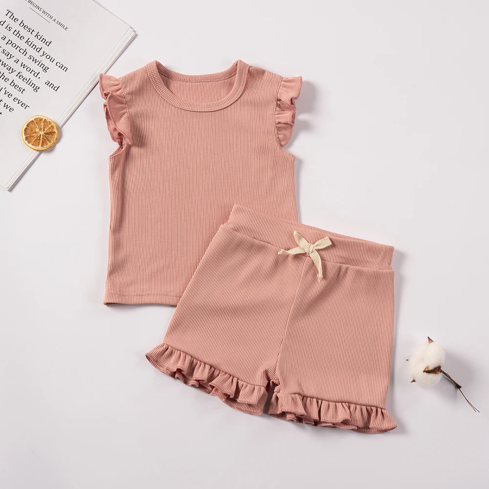Summer Toddler Girl Ruffle Sleeve 2pcs Set Sleeveless T-shrits Top and Shorts Outfit for Kids Girls Solid Suit Clothing - Clikcy