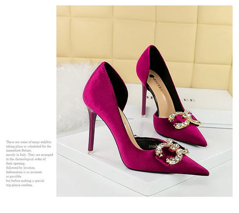 Fashion Women High Heel Rhinestone Buckle Bow Green Pink Pointed Toe Party Pumps Velvet Luxury Elegant Wedding Evening Shoes - Clikcy