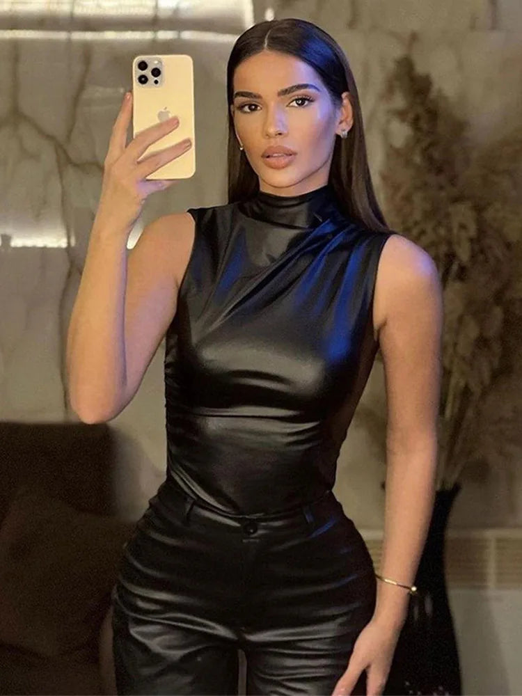 Women Y2K Vintage Pu Simple Basic Tank Top High Waist Skinny Shrunk Slash Cut Sleeveless Tops Versatile Noble Shirts - Clikcy