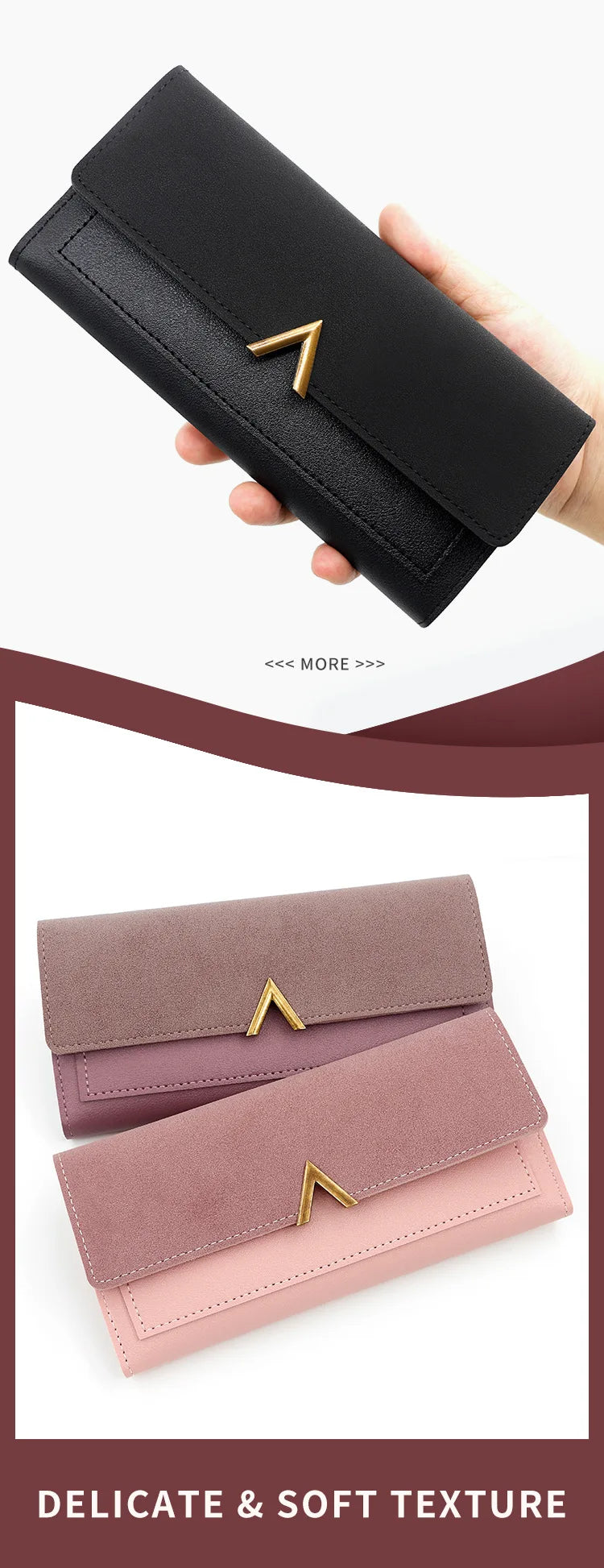 New Korean version women's wallet long V-shaped buckle three fold wallet for women, hand-held bag, change card bag - Clikcy