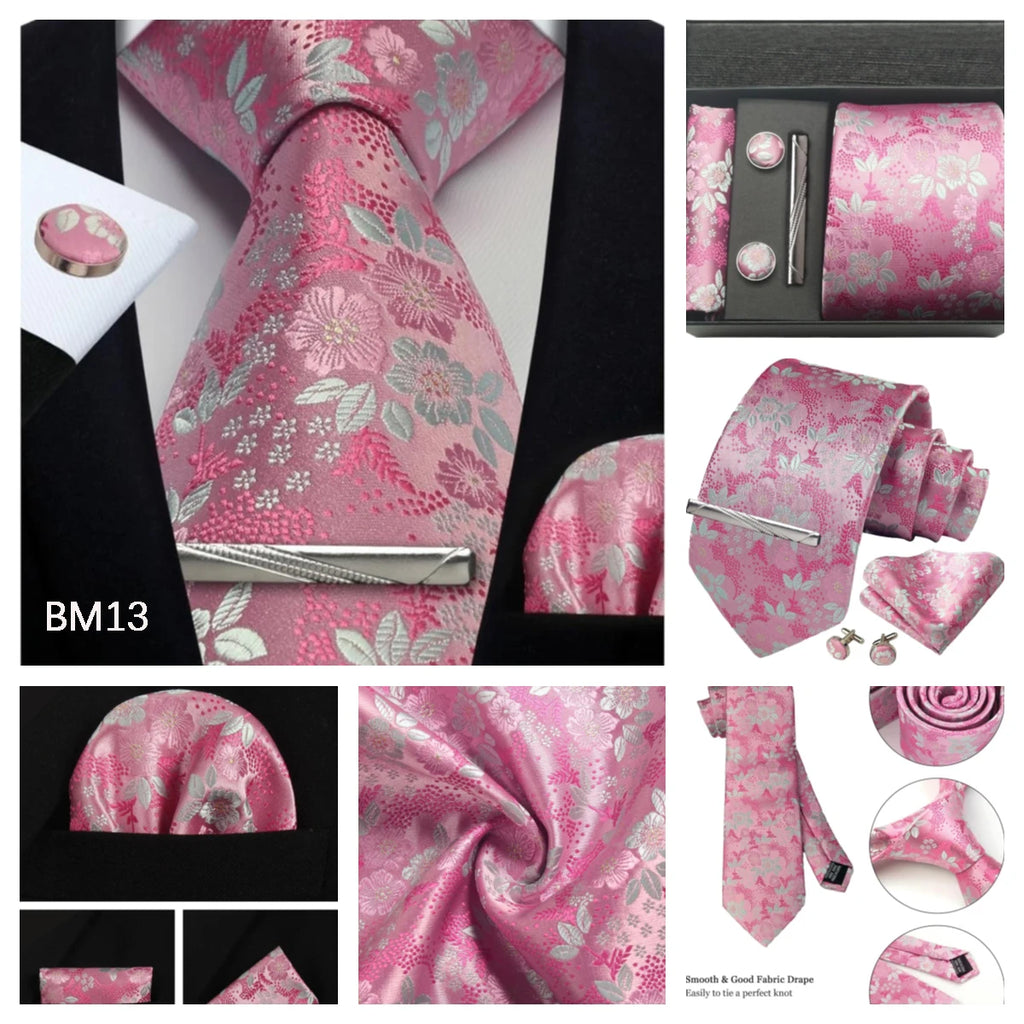 100% Silk Necktie Paisley Floral Mens Tie Top Quality Business Tie Pocket Square Tie Clip Cufflinks Set Classic For Men Gift Box - Clikcy
