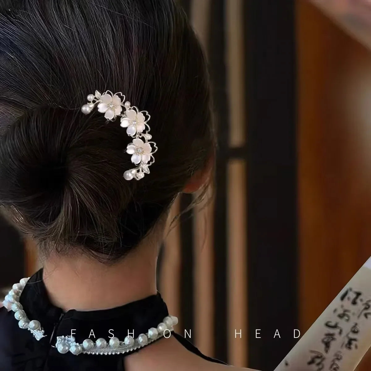 Pearl Flower Wavy Hair Combs for Women Elegant Forest Style U-shaped Hairpin High-end Metal Bun Head Hair Clasp - Clikcy