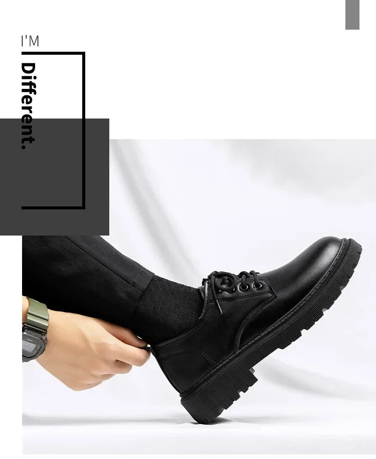 Casual Men's Pure Black Lace-up Height-increasing Business-style Low-heeled, Comfortable and Durable Small Leather Shoes