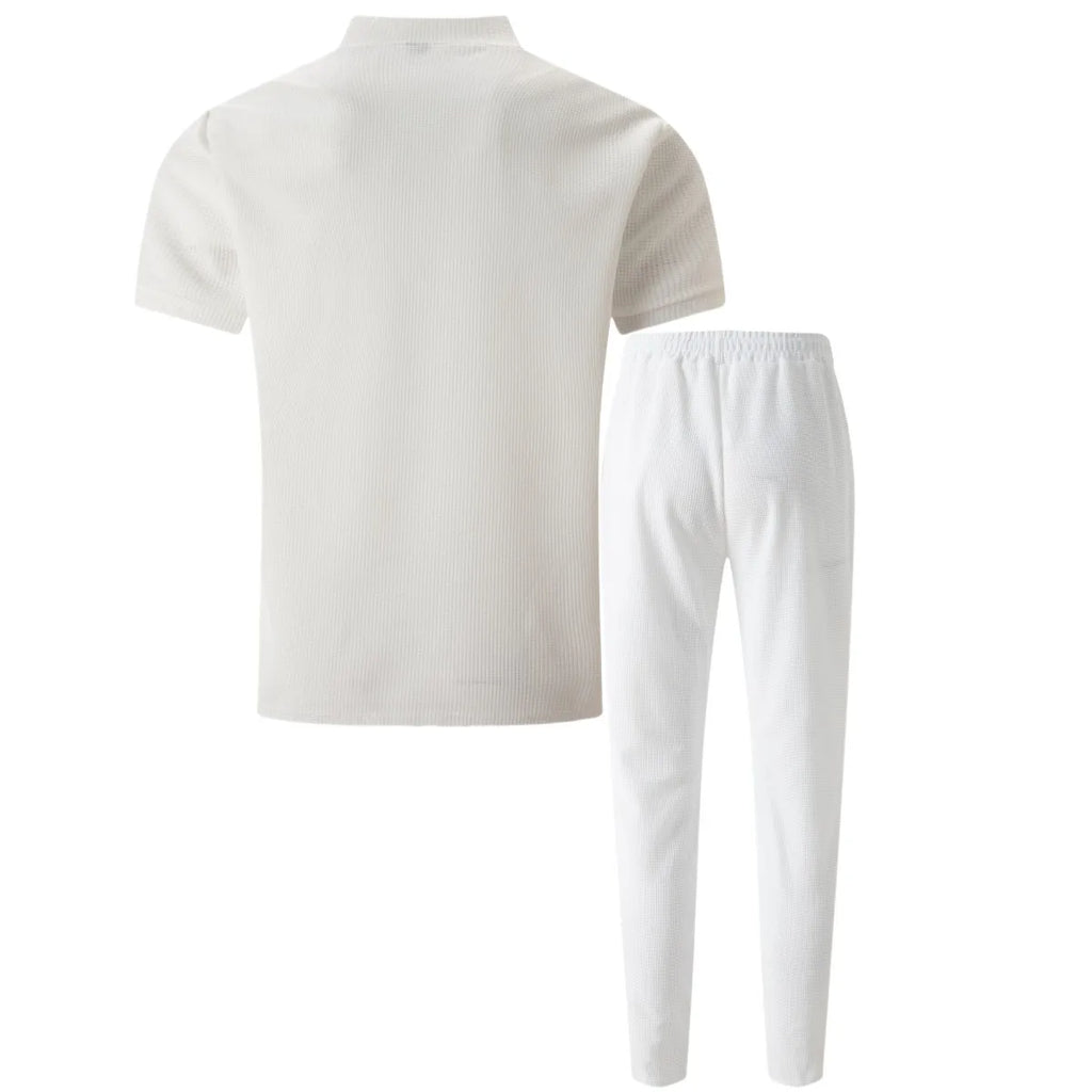 2025 Men's new waffle collar small zipper solid color polo shirt top men's T-shirt short sleeve trousers two sets - Clikcy