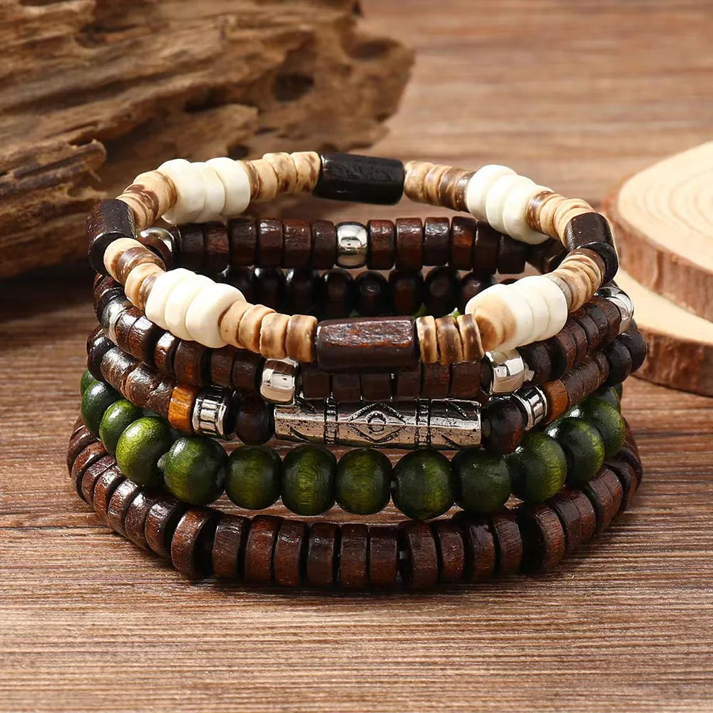 Cross Life Tree 5Pcs/set Vintage Bronze Ethnic Casual Wood Beads Feather Charm Leather Women Bracelets Men Male Jewelry - Clikcy
