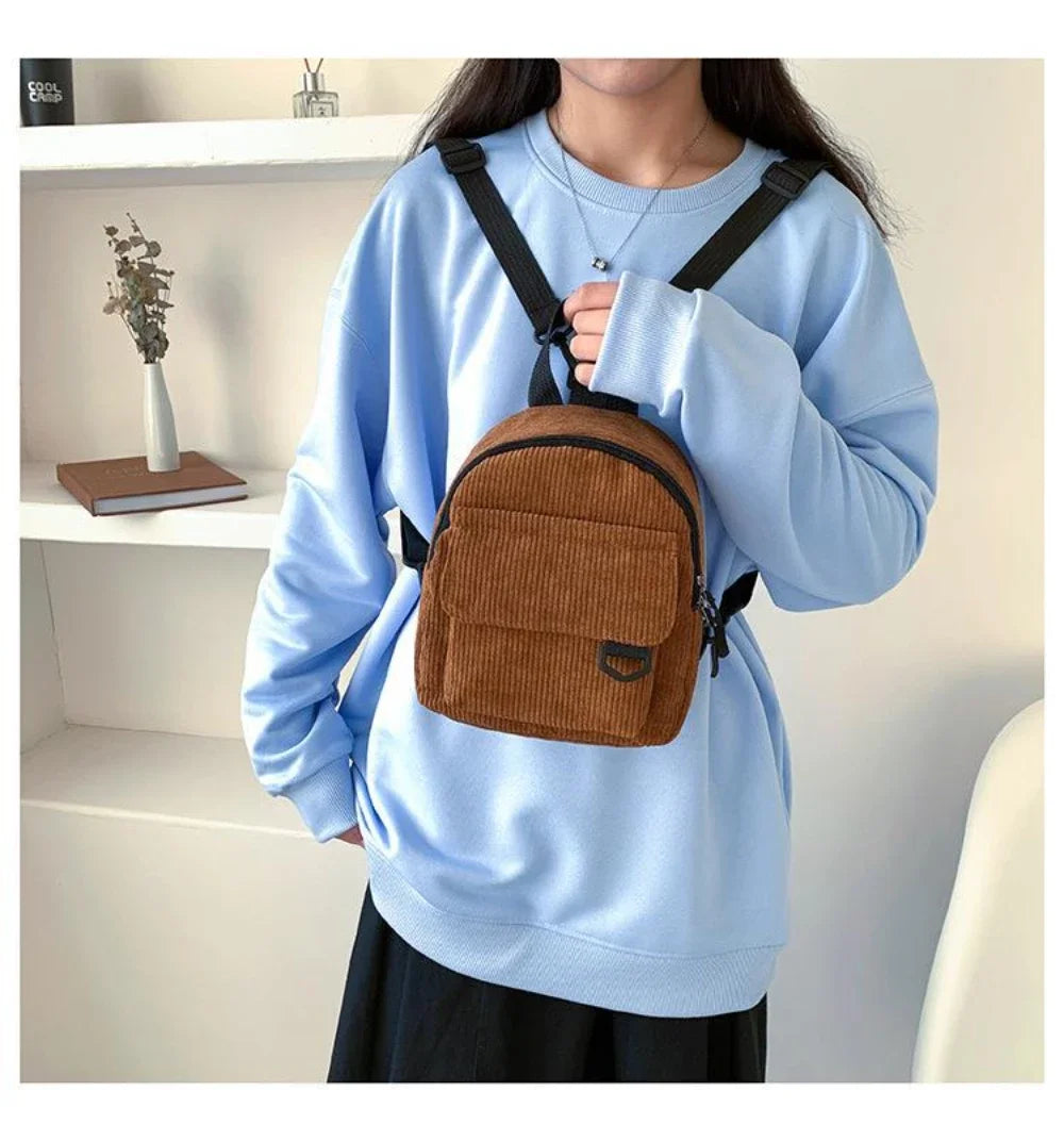 Women's Mini Backpack Fashion Solid Color Corduroy Small Simple Casual Traveling Large Capacity Durable Female's Schoolbag - Clikcy