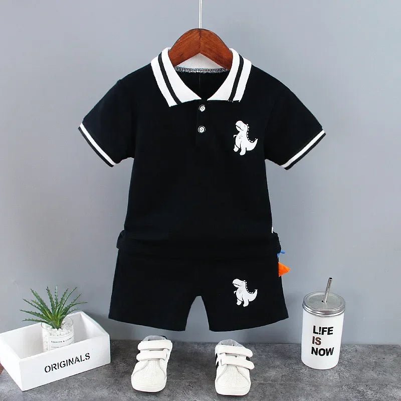 Summer Children Clothes Baby Boys Clothes Set Dinosaur Printed Turn-down Collar T-Shirts Tops+ Shorts 2PCS/Suit Infant Clothing - Clikcy