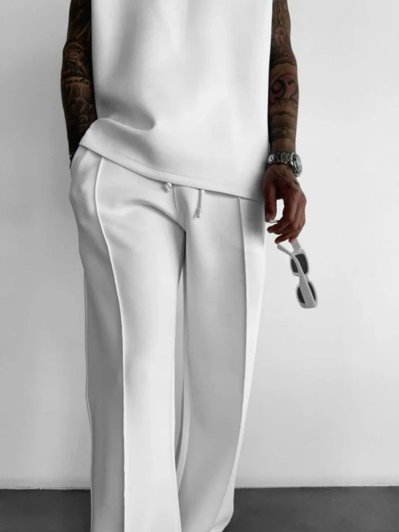 New men's casual pants, stylish and comfortable elastic waist drawstring single-line pleated solid color pocket mops pants - Clikcy