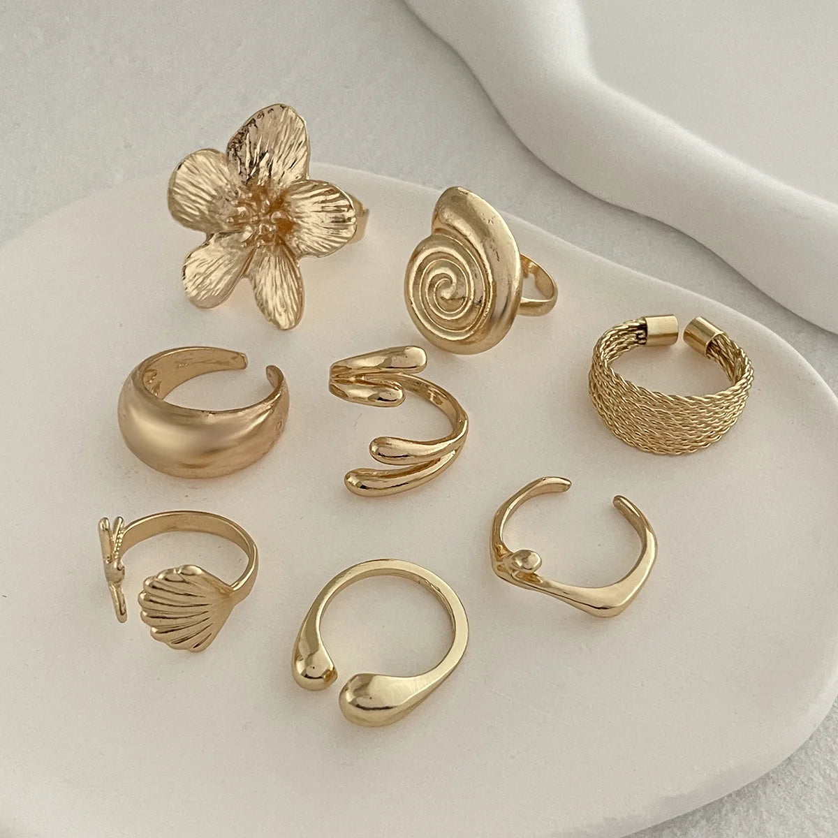 DIEZI One Set Vacation Beach Style Flower Starfish Knuckle Rings For Women Bohemian Vintage Gold Silver Color Open Joint Ring - Clikcy