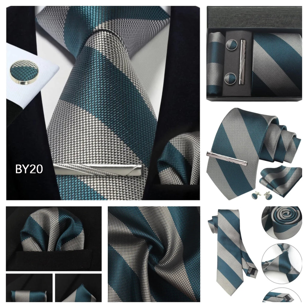 Classic 100% Silk Men's Ties In Gift box 8cm Plaid Dot Striped Business Necktie Handkerchief Cufflinks Wedding Party Tie Set