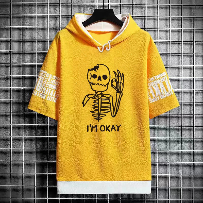 2024 Summer Men Clothing Men's Sweatshirts Korean Fashion Harajuku Short Sleeve Hoodies Men Streetwear Print Skulls Hoodies Men - Clikcy