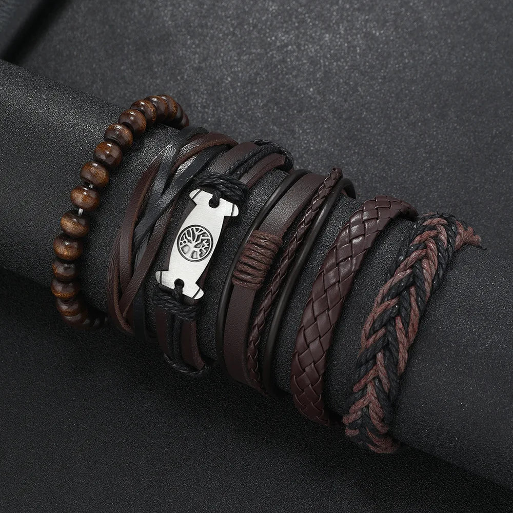 Red 6 Pc/set Tree Black Wrap Woven Handmade Wood Beads Bracelets Male Women Leather Bracelets Men Bangle Wholesale Jewelry Gift - Clikcy