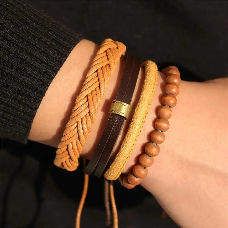 IFMIA Fashion Beads Leather Wrap Bracelet Set Men New Design Wristband Multiple Bracelets & Bangles Party Wedding Jewelry Gifts - Clikcy