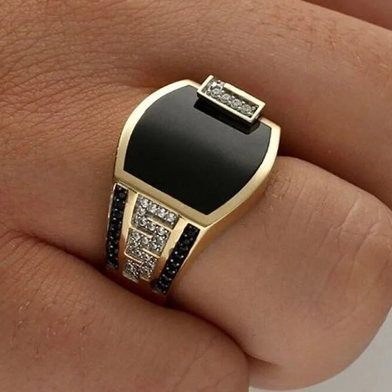 Classic Men's Ring Fashion Metal Gold Color Inlaid Black Stone Zircon Punk Rings for Men Engagement Wedding Luxury  Jewelry - Clikcy