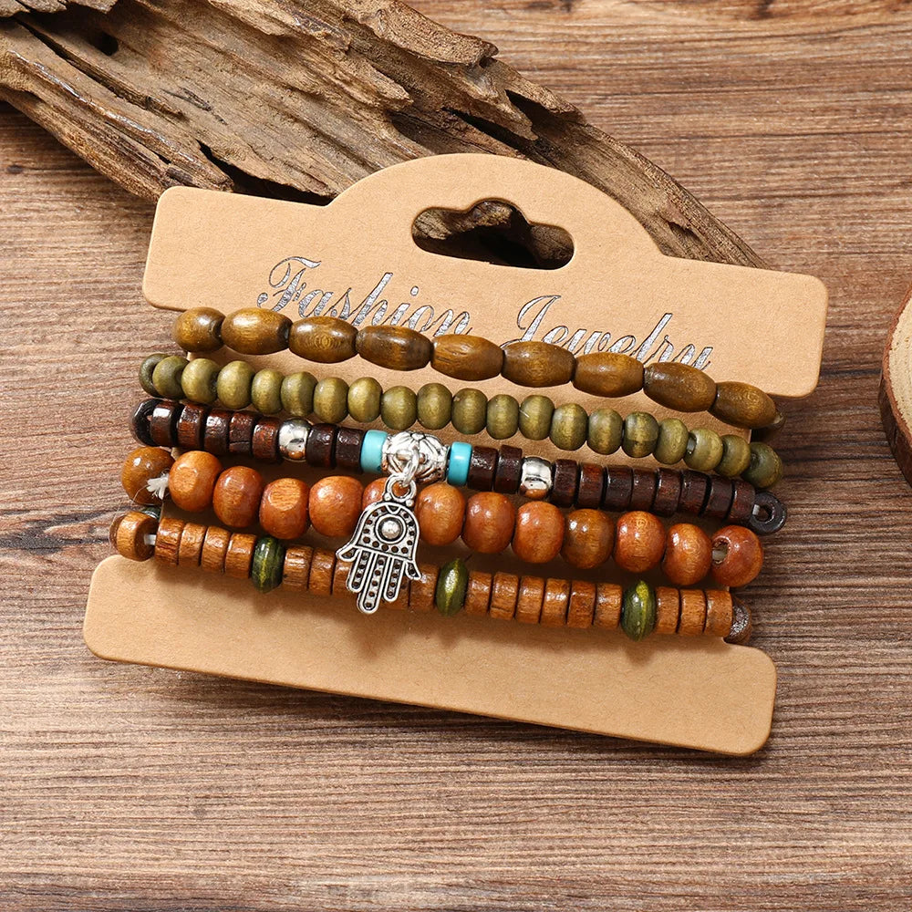 Ethnic 4-5pc/set wood bead tree Cactus Charms bracelets Hamsa Hand Butterfly Bohemia Men Bracelets For Women Female Jewelry - Clikcy