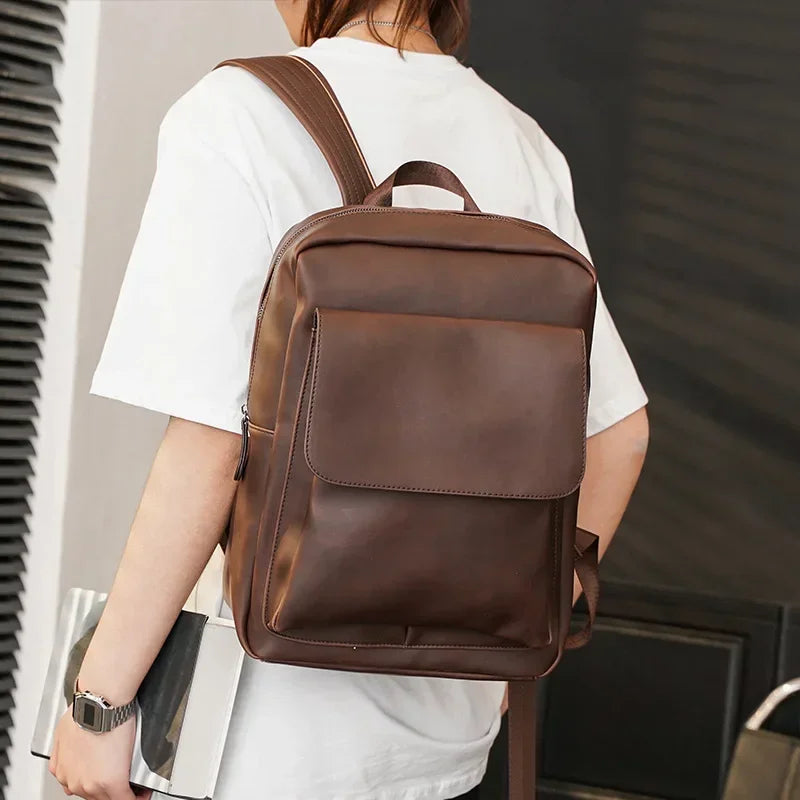 Retro Fashion Laptop Backpack Men Korean Style Flap Men's Backpacks High Quality PU Leather Travel Back Bag Student Schoolbags - Clikcy