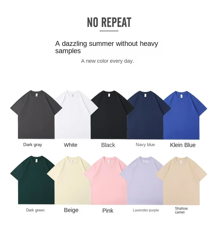 Heavyweight round neck pure cotton short sleeved t-shirt loose solid color white t men's and women's bottom shirt solid color - Clikcy
