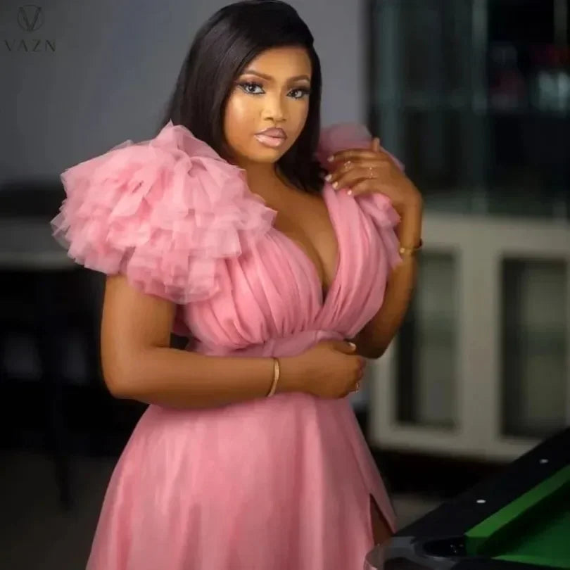 Customized Puff Mesh Short Sleeves Women Party Dress Plus Size 5XL Side Split Deep V Neck Sexy Club Dresses 2025 Charming Birthd - Clikcy