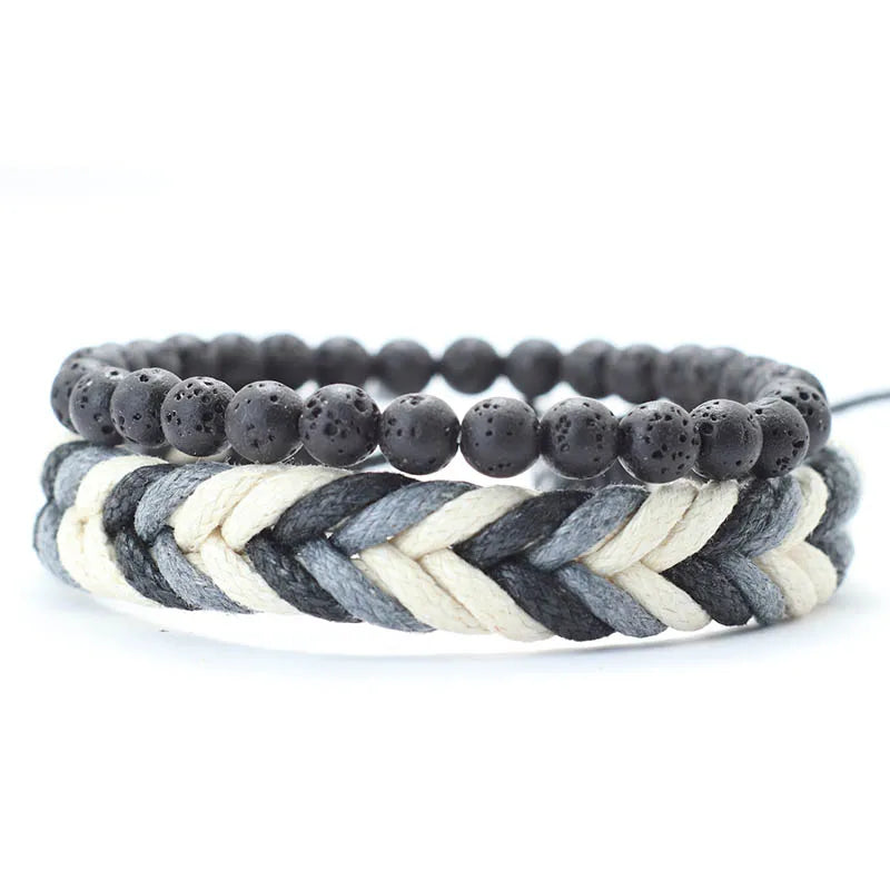 New 2Pcs Natural Coconut Husk Wood Bracelet Set For Men Lava Tiger Eyes Stone Beaded Brazalete Homme Handmade Rope Braslet Joias - Clikcy