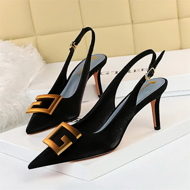 Metal Square Buckle Thin Heel Party Shoes Black Green White Woman Pointed Toe Hollow Back Strap Pumps Middle Heel Sandals - Clikcy