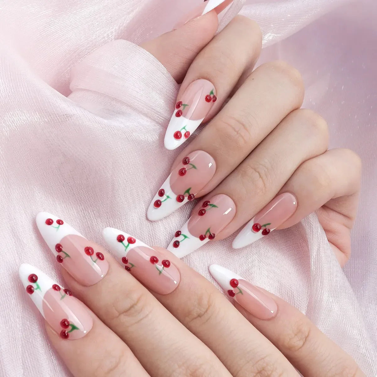 10pcs Y2K Removable Handmade Press on Nails Hand Painted Cherry Pattern Design Fake Nails Cute White Sweet Almond Patch Nail - Clikcy