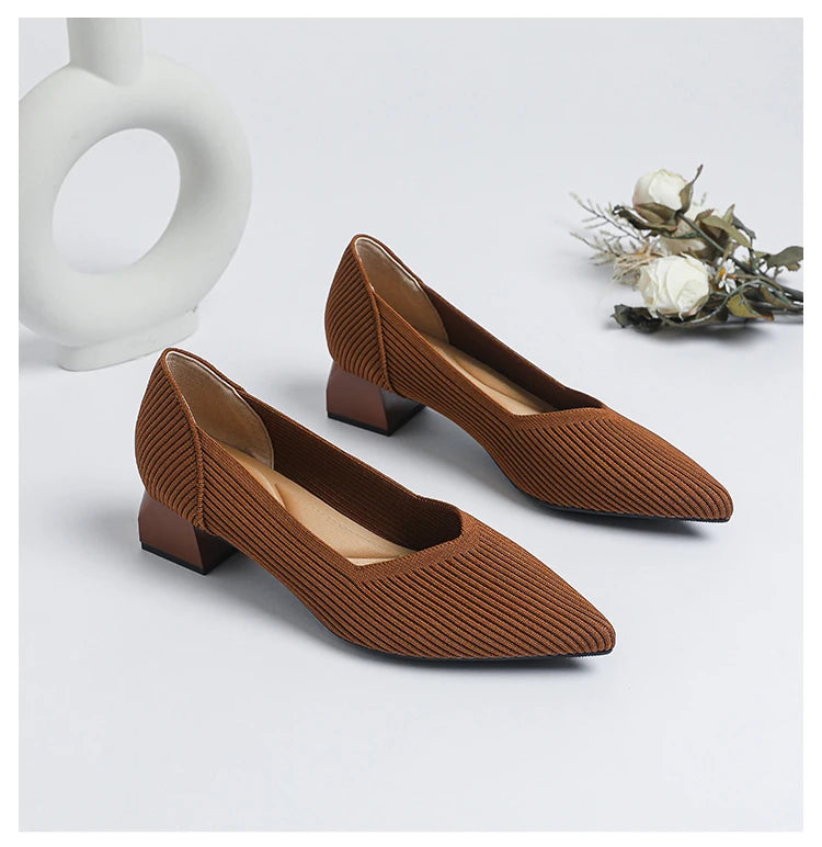 Women's large high-heeled shoes Multicolor pointy knit breathable comfortable anti-skid rubber sole work shoes 2023 new autumn