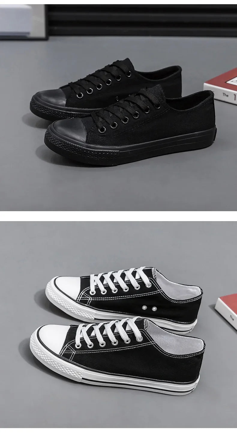 Men's All-Black Low-Top Canvas Shoes Spring Casual Sports Flat Bottom Couple's Sulfurization Flats Unisex Slip-On Sneakers
