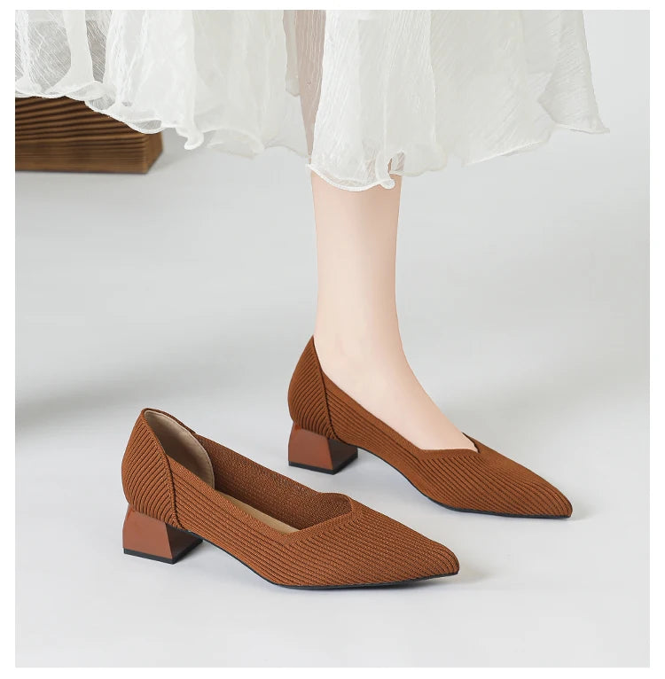 Women's large high-heeled shoes Multicolor pointy knit breathable comfortable anti-skid rubber sole work shoes 2023 new autumn - Clikcy