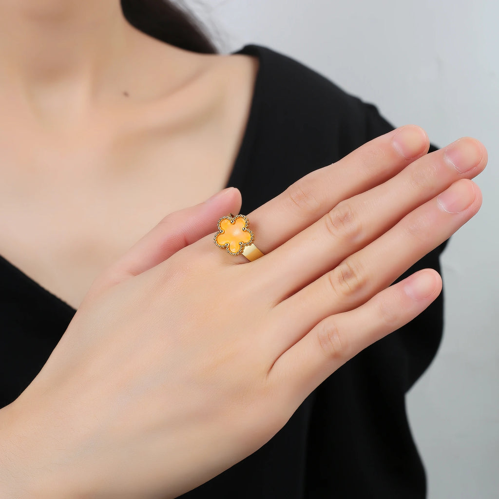 Simple Adjustable Stainless Steel Five Leaf Flower Open Ring Fashion for Woman Party Wedding Trend Jewelry Accessories Clover - Clikcy